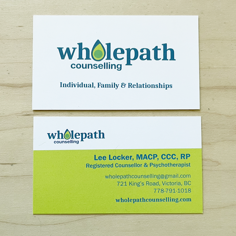 Business cards, double sided, full bleed colour, for Wholepath Counselling